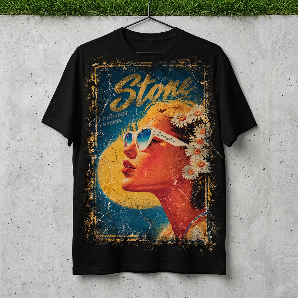 Black STONE sunglasses portrait tee on a black hanger against concrete and grass