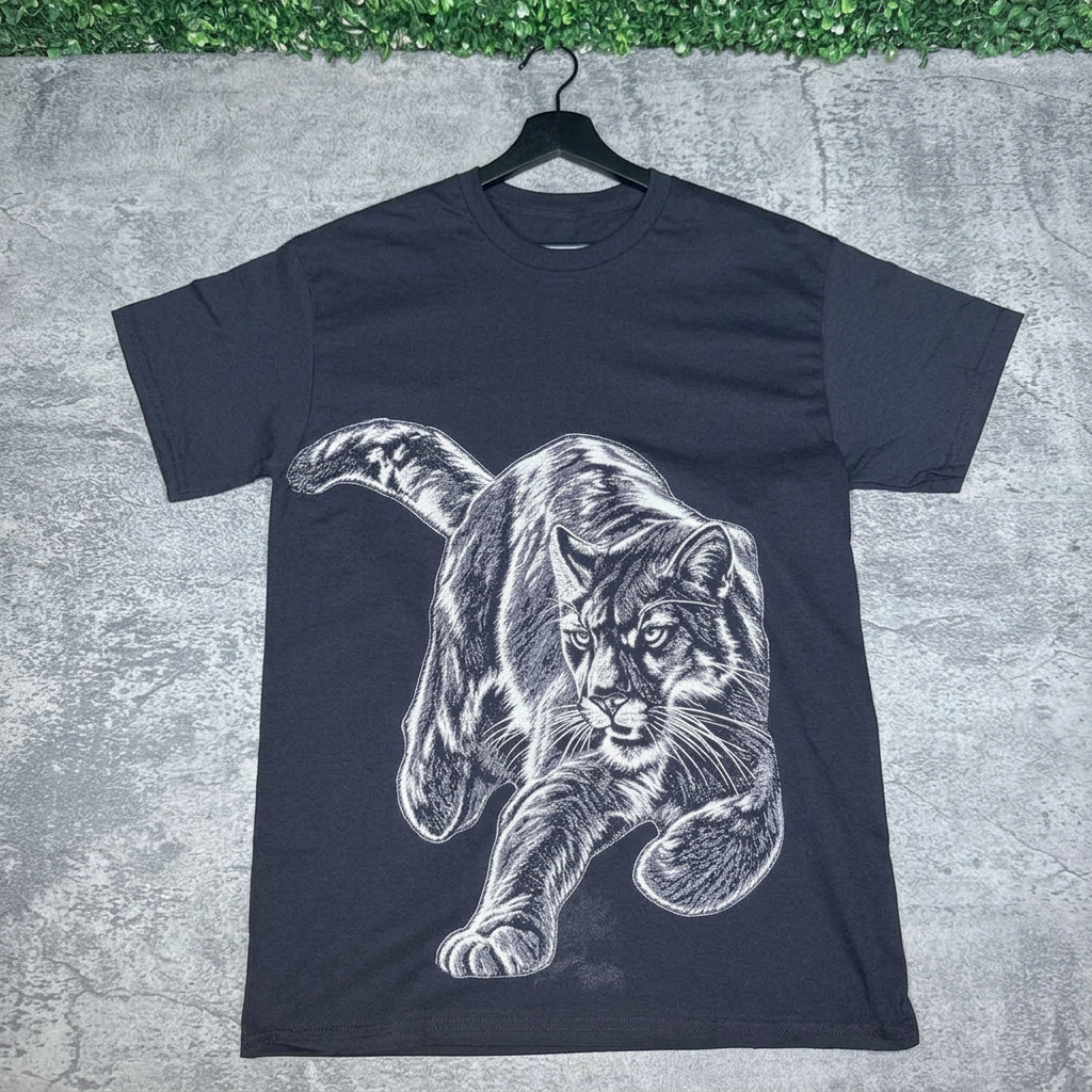 Black panther graphic tee on a hanger against concrete with green grass above