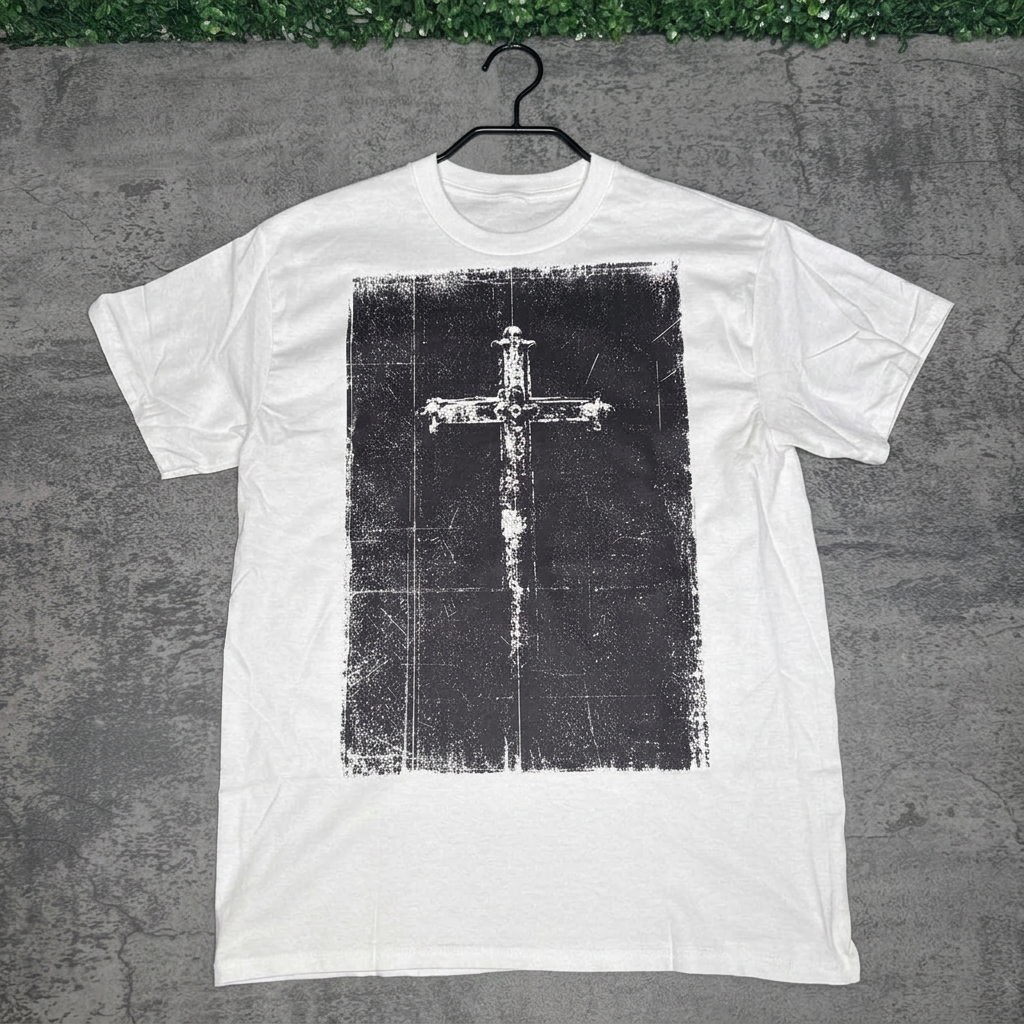 White distressed cross tee on a hanger against gray concrete with green grass above