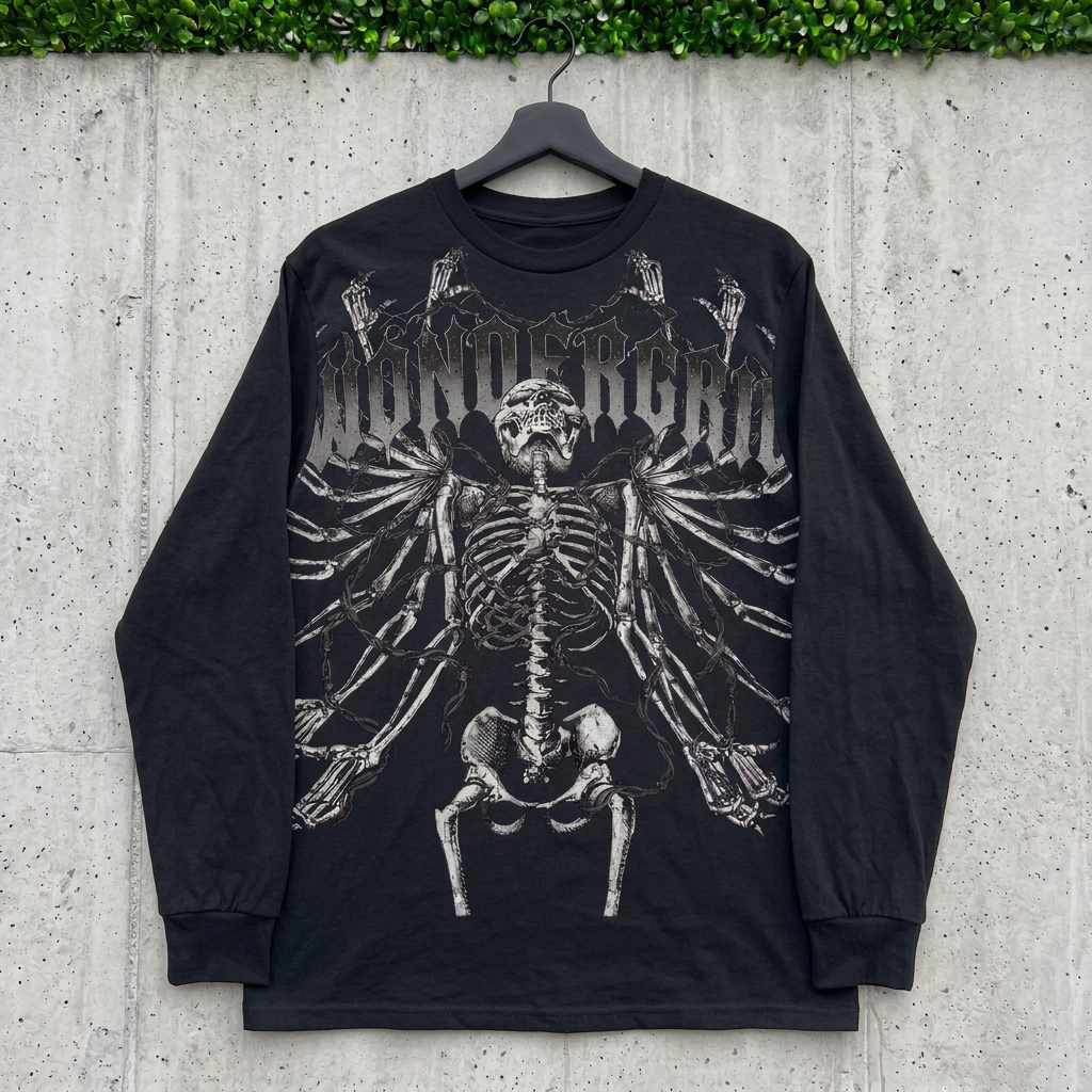 Black Bonebound Skeleton long sleeve on a hanger against concrete