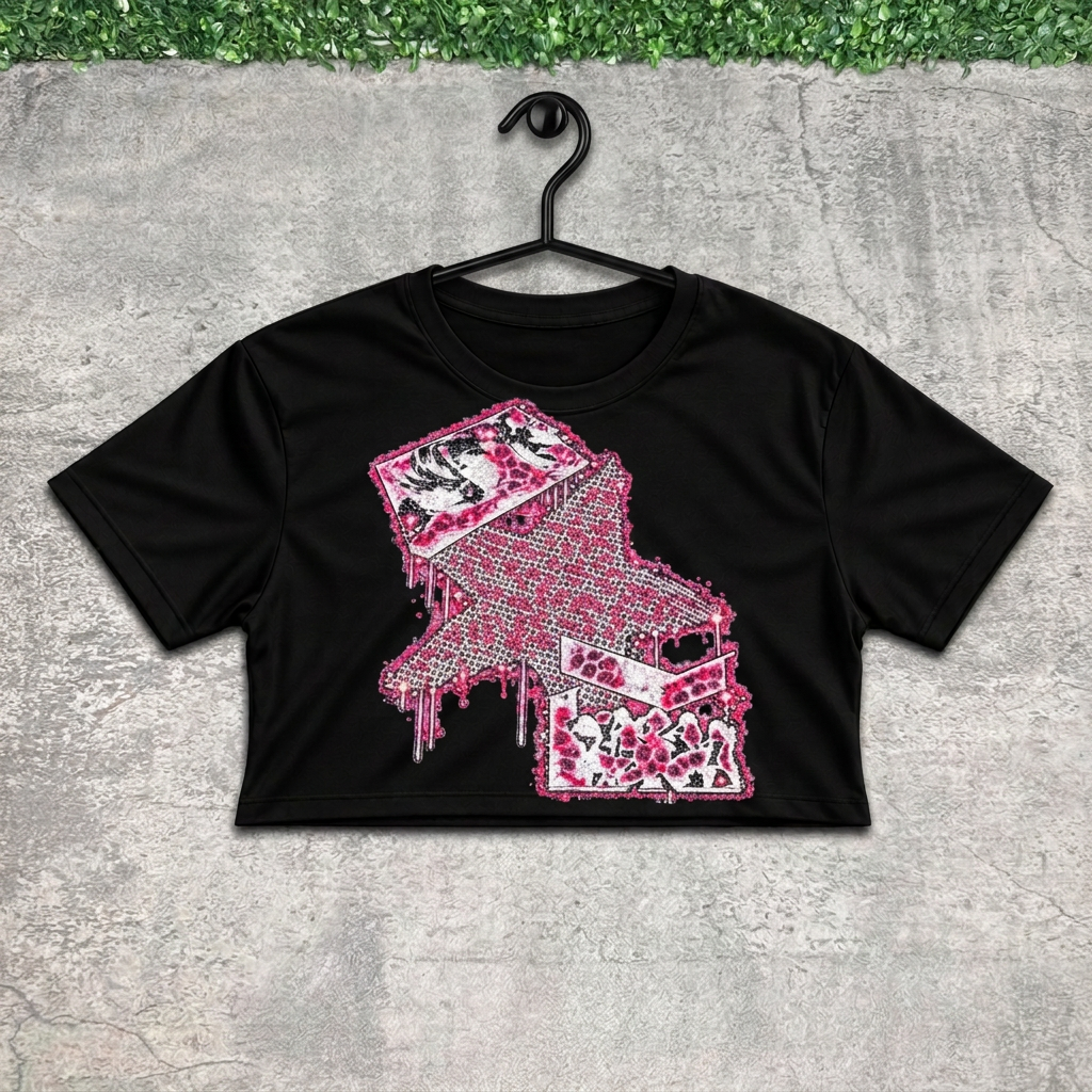 Pink star crop on a black hanger against concrete with grass above