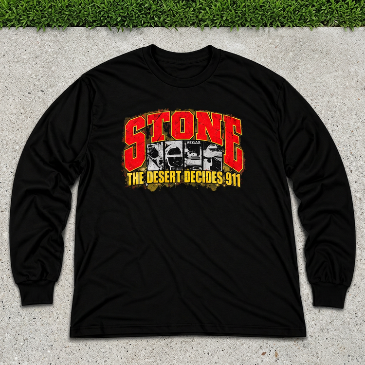 Black STONE Desert Decides long sleeve flat lay on gray concrete with thin green grass strip