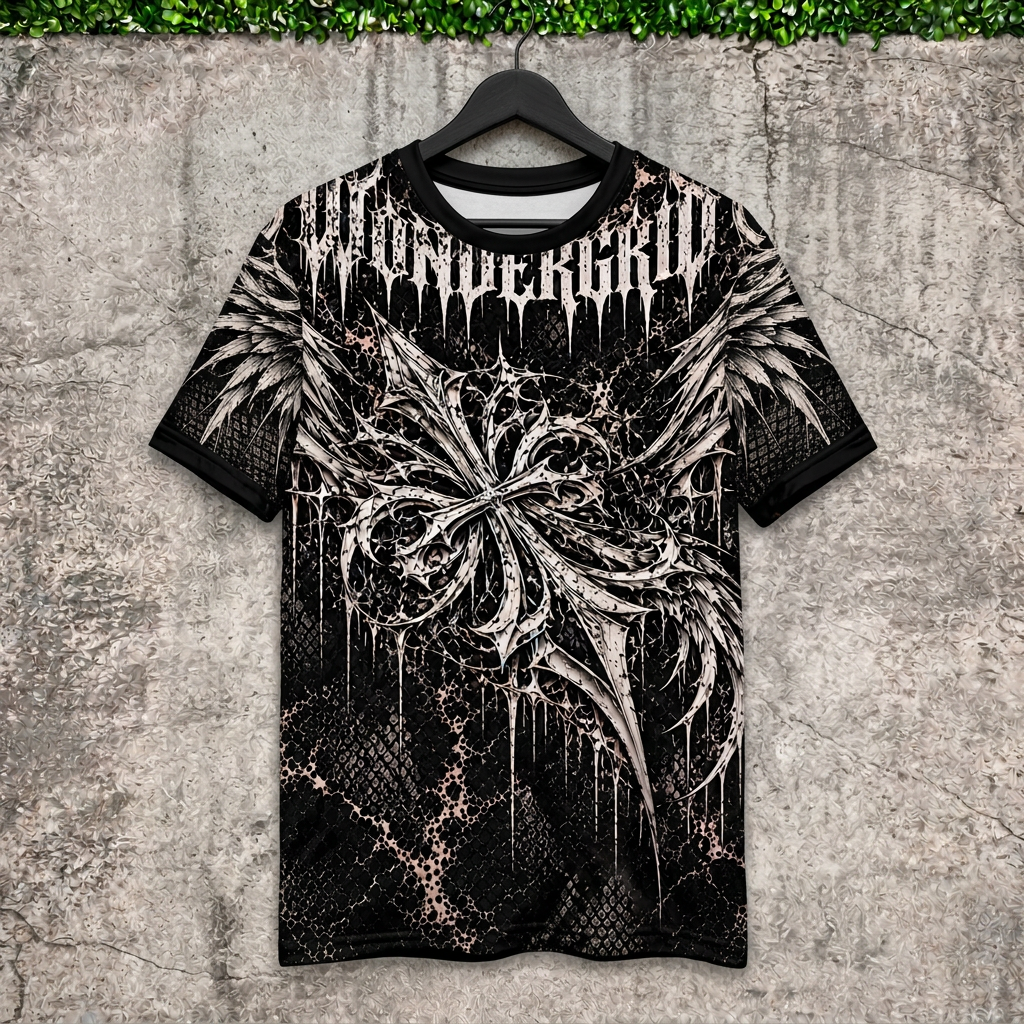 AI-generated hanging mockup of the Winged Crest Tee