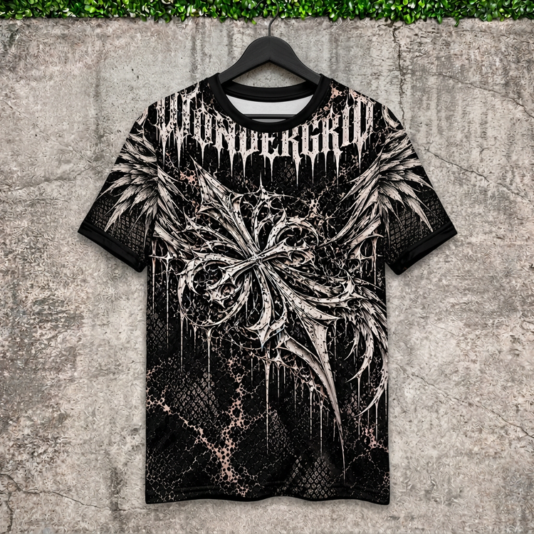 AI-generated hanging mockup of the Winged Crest Tee