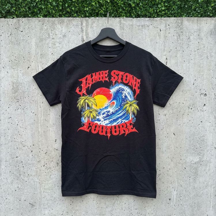 AI-generated hanging mockup of the Jamie Stone Couture Wave Tee