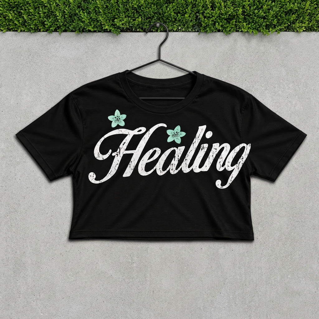 Healing script crop on a black hanger against concrete with grass above
