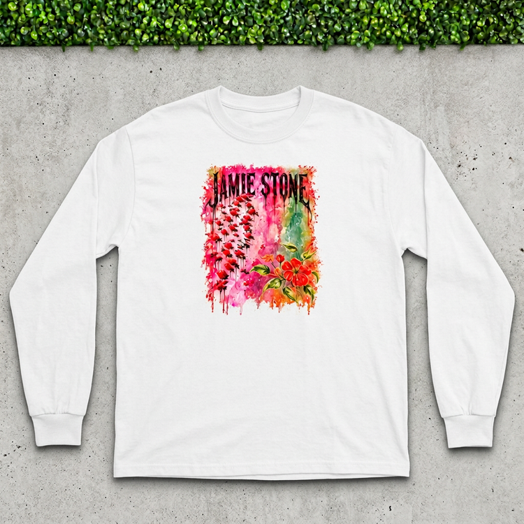 Jamie Stone Floral White Long Sleeve flat lay on concrete