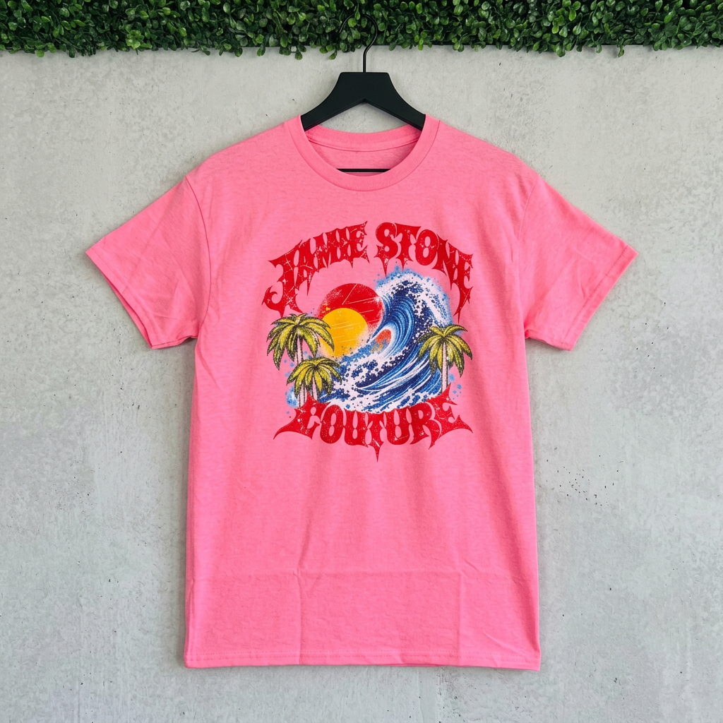 Pink Jamie Stone Couture Wave tee on a hanger against gray concrete with green grass above