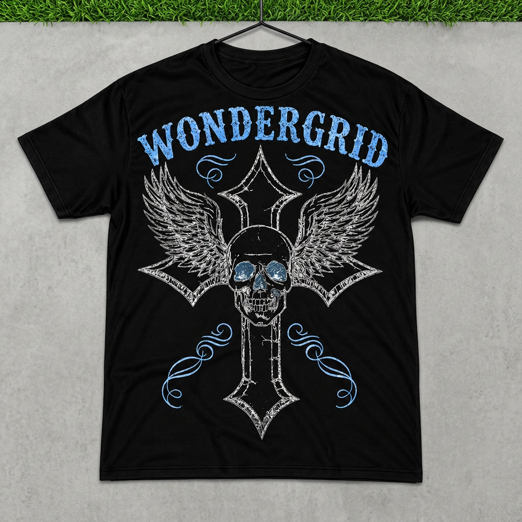 Black blue skullwing cross tee on a black hanger against concrete and grass