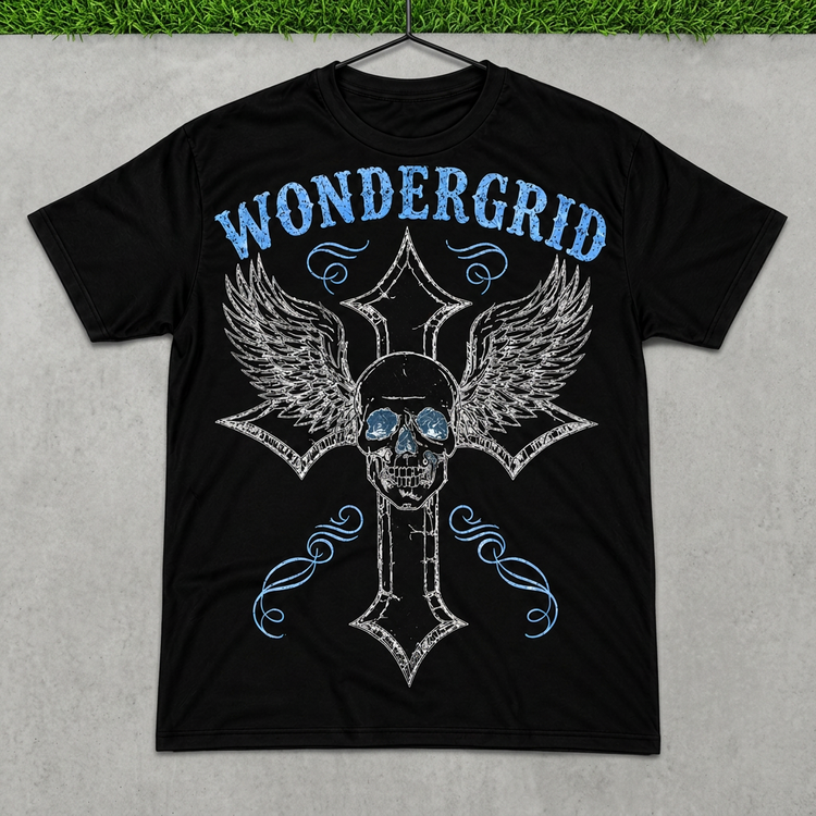 Black blue skullwing cross tee on a black hanger against concrete and grass
