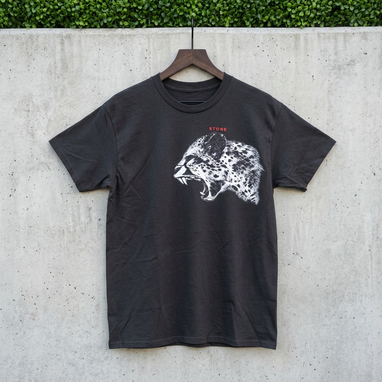 AI-generated hanging mockup of the STONE Roaring Leopard Tee