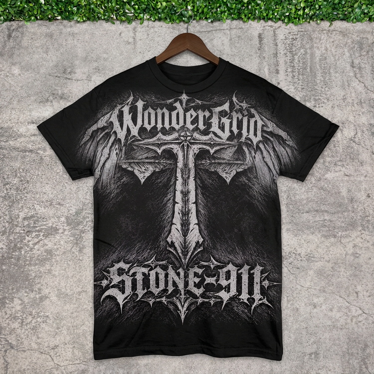 AI-generated hanging mockup of the STONE-911 Winged Cross Tee