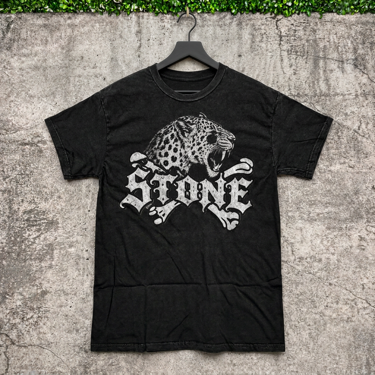 AI-generated hanging mockup of the STONE Leopard Tee