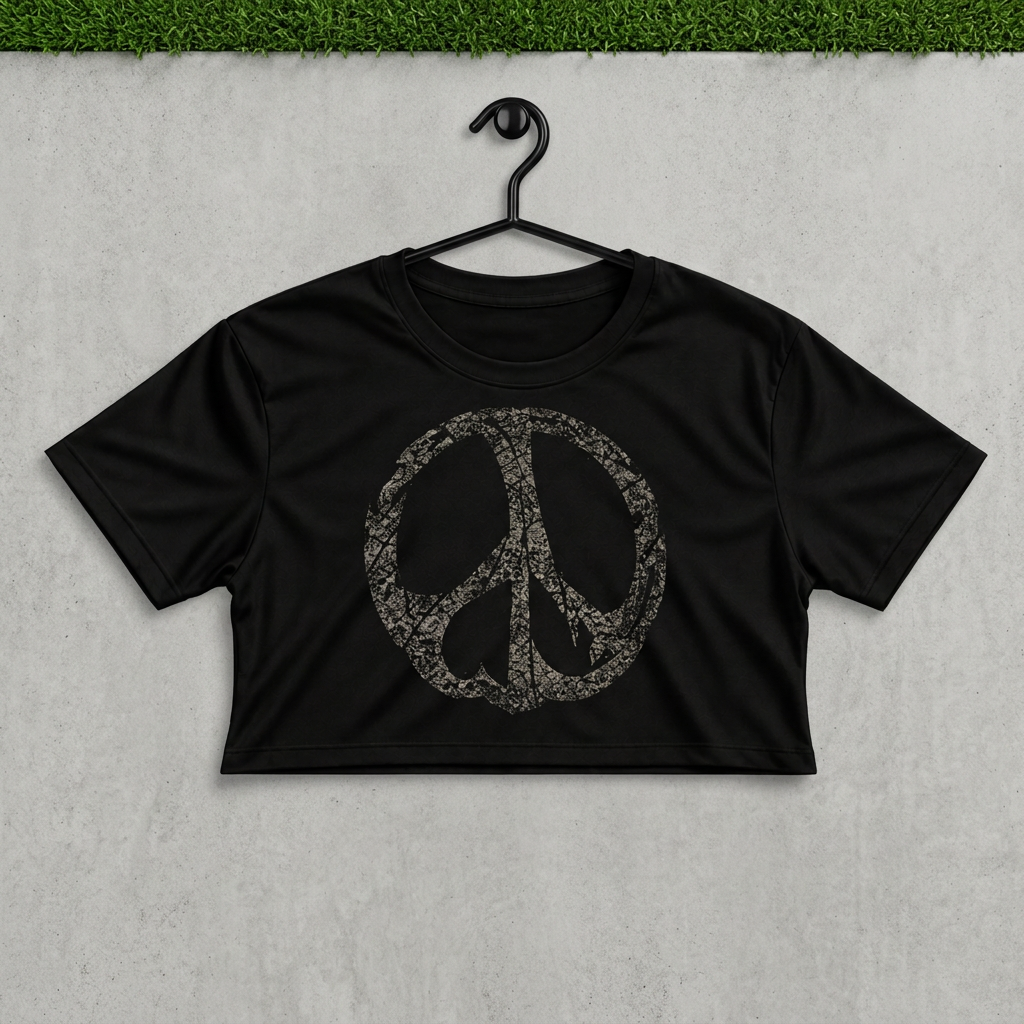 Distressed peace crop on a black hanger against concrete with grass above