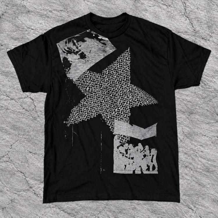 Black tee featuring a large gray textured star and angular monochrome collage panels