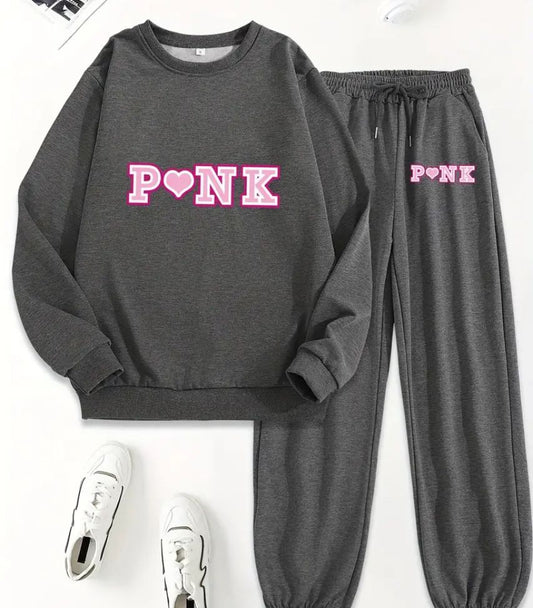 Relaxed Fit Women's Polyester Sweat Suit with PINK Letter Print