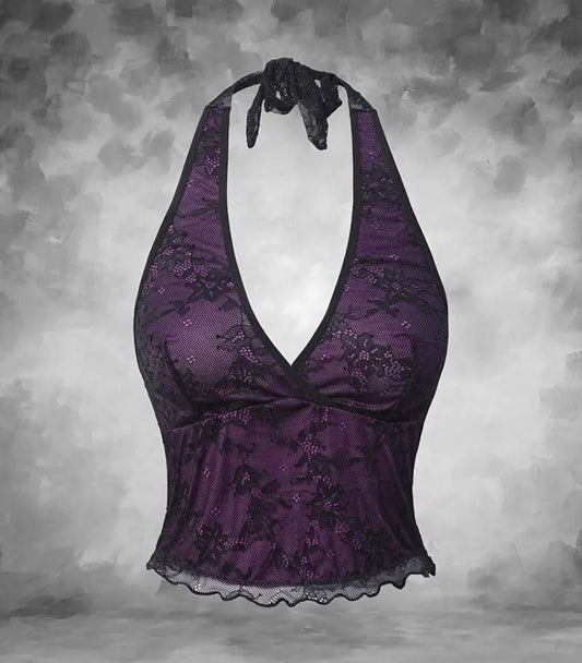 Gothic Lace Halter Top – Floral Design with a Dark Twist