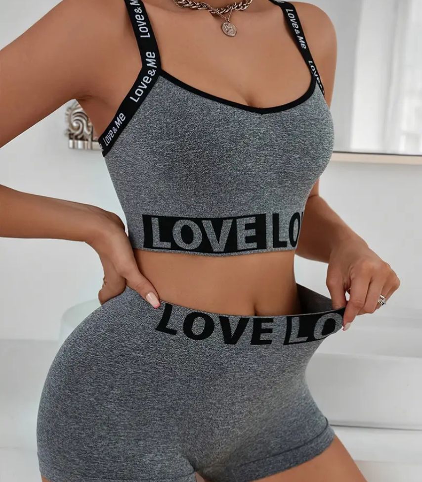 Chic Gray Seamless Strappy Bra and Contrast Waistband Shorts Set