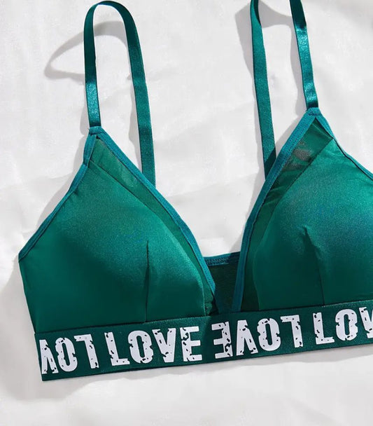 Vibrant Green Deep V Neck Bra and Thong Set with Letter Tape