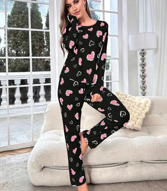 Women's Heart Print Pajama Set – Soft and Cozy for All-Night Comfort