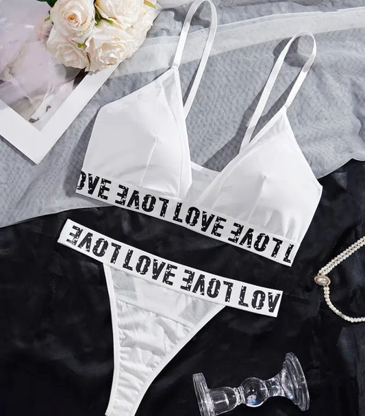 White Wireless Deep V Neck Letter Tape Bra & Thongs Lingerie Set